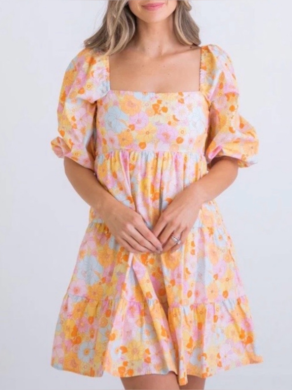 Karlie Large Pastel Floral Mini Peasant Dress